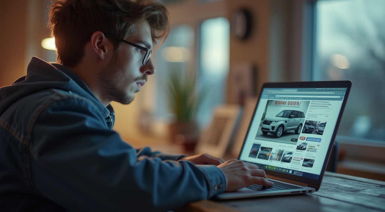 AI generated image by FLUX.1-pro: creates a hyper-realistic image of a young man at his desktop from his laptop, looking at classified ads for car sales websites.