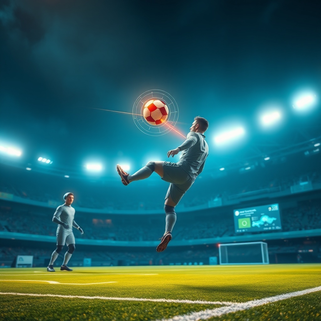 AI generated image by FLUX.1-schnell: A futuristic dynamic scene combining artificial intelligence and soccer. The setting is an advanced, high-tech stadium under a dark sky with bright, neon lights illuminating the field. In the foreground, a soccer player wearing a high-tech suit controls a holographic soccer ball mid-air. Robotic assistants with glowing eyes and streamlined designs analyze the game from the sidelines. The atmosphere is filled with energy trails from fast-moving players and holographic data displays showing stats and player positions. The scene is vibrant, with intense action and a sense of advanced technology.