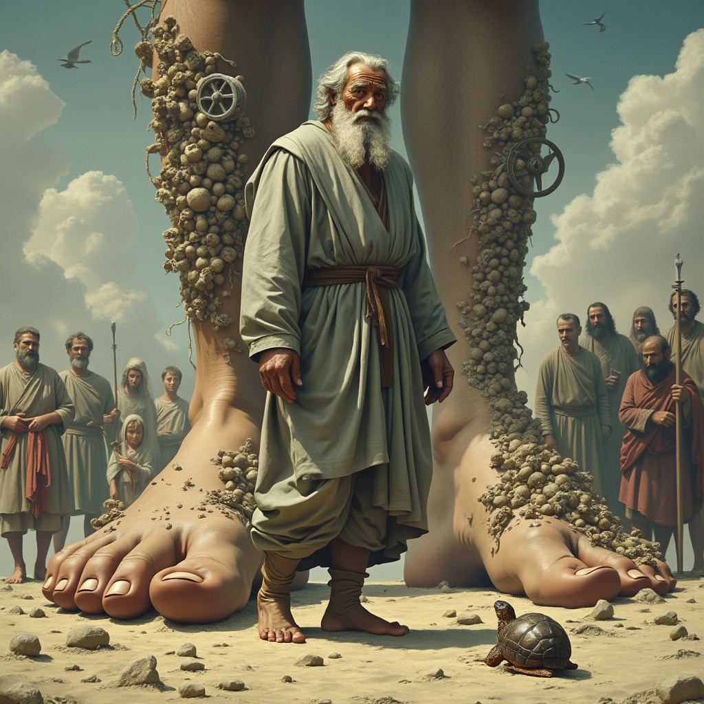 AI generated image by FLUX.1-pro: biblicle Jacob, with gray beard, wearing a gray robe Standing with his back to the viewer. infront of him there are two giant feet. one of the feet is covered with children, Play Jacob, with grey beard, wearing 9 gray robe Standing with his back to the viewer. infront of him there are two giant feet. one of the feet is covered with children, Playing. the other feet is covered with all sorts of craftmenships , wheels and hammers and so on. Jacob Walk very slowly, there's . the other feet is covered with all sorts of craftmenships , wheels and hammers and so on. Jacob Walk very slowly, there's a turtle and a snail walking beside him for comparison.rembrendt and Van goah,style