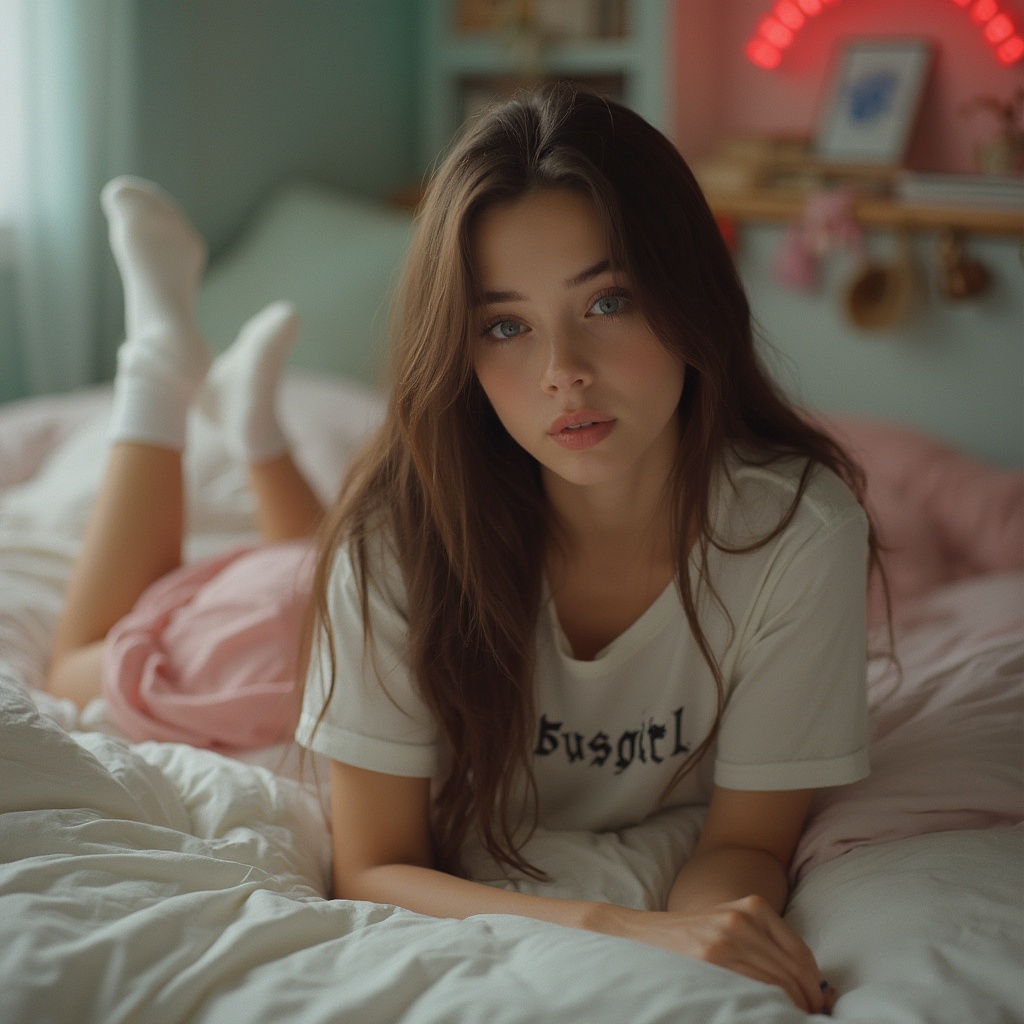 AI generated image by FLUX-Realism-Lora: photography of a 22 year old cute  woman with long brown hair and blue eyes , bites her lips sexy , laying on a soft bed in a gaming room ,  wearing cute white shirt with the text babygirl and cute  pink skirt and white overknee socks ,   grainy , shot on phone , polaroid phto  natural, natural imperfection, skin pores, skin incendations, high detailed skin, detailed natural eyes, textured skin, lens 2.1, natural lightning, c cup, artistic, spiritual, sharp focus, perfect light, highly saturated colors, ambient dramatic cinematic color, great composition 