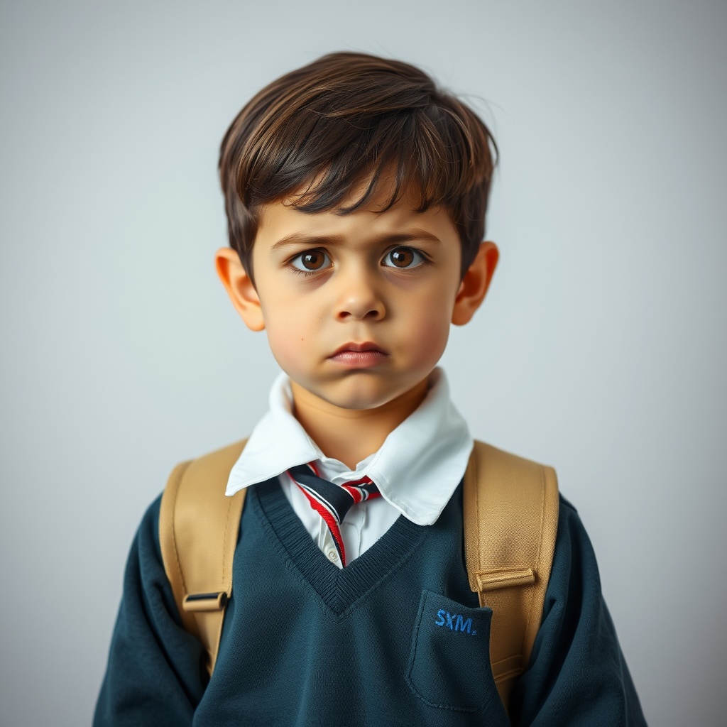 AI generated image by FLUX.1-schnell: A school Iranian child in a school uniform who is anxious and worried.