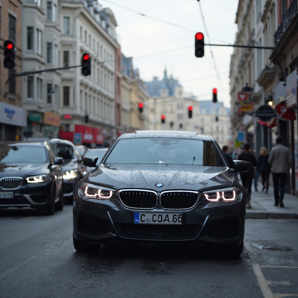 AI generated image by FLUX-Realism-Lora: A BMW car was waiting for the red light at the intersection. The license plate number was "235 AU8".