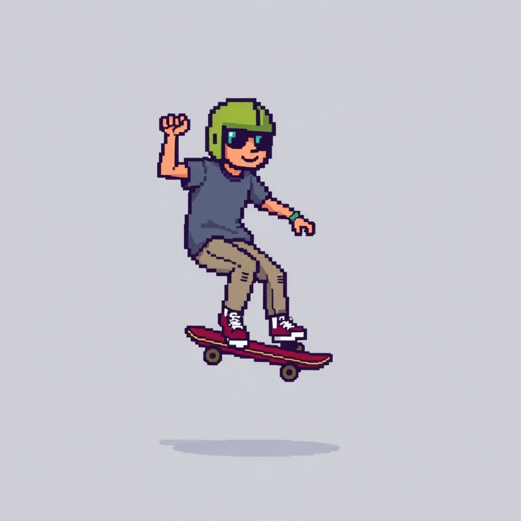 AI generated image by FLUX.1-schnell: 8 bit pixel style skateboarder 