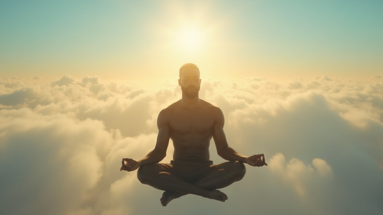 AI generated image by FLUX-Realism-Lora: black american man meditating peacefully while floating in the sky , legs crossed, as god walks behind him in the distance, the sun brightens his face