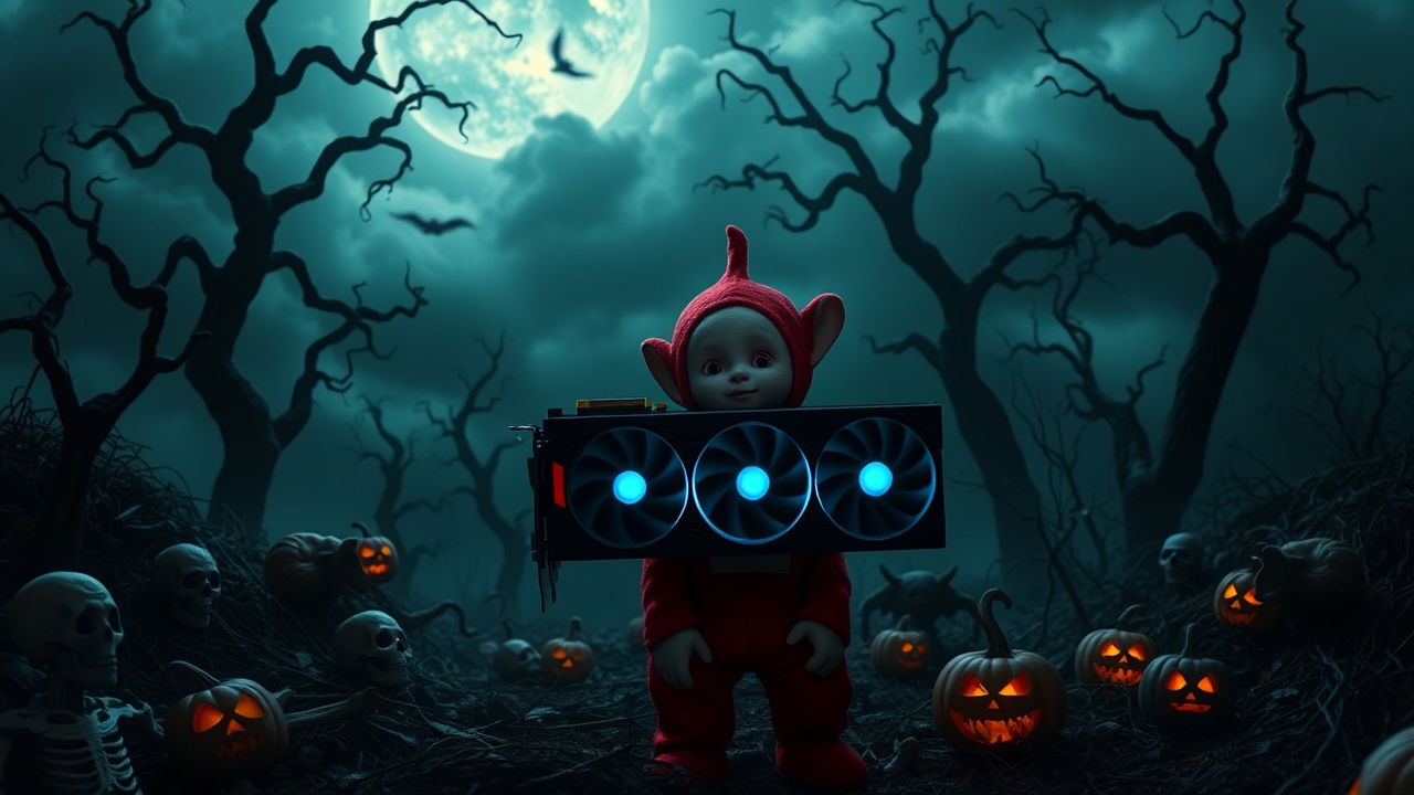 AI generated image by FLUX.1-schnell: "Create a chilling scene in a dark, eerie landscape. At the center, the red Teletubby (Tinky Winky) stands with a haunting expression, surrounded by shadows. The scene should include Halloween elements like skulls, cobwebs, and creepy pumpkins. The Teletubby holds an ASUS ROG Strix RTX 4090 graphics card, featuring three ominous fans that glow with a ghostly blue light. The background should feature twisted trees and ominous clouds, enhancing the atmosphere of fear. Use dark colors and intense contrasts to amplify the terror in the image."
