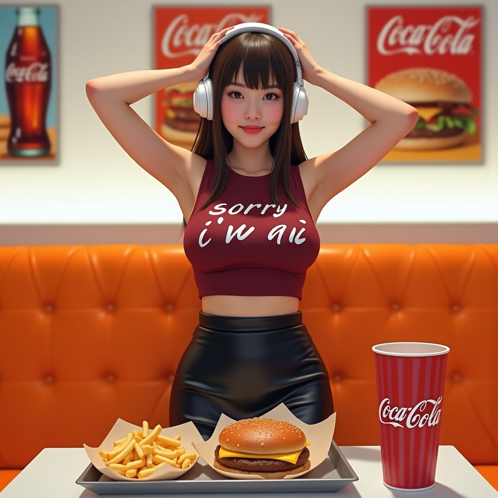 AI generated image by FLUX.1: High-Resolution Photograph Description:

The image is a high-resolution photograph featuring a young woman in a modern diner setting.

She has long, wide hips, gigantic breasts, straight, dark brown hair and is of East Asian descent. She is wearing a sleeveless maroon crop top with white text that reads "sorry i'm ai" and a black leather mini skirt.

Her skin tone is fair, and she has a slender build. She is standing with her hands resting on her head, wearing large white headphones.

In the foreground, there is a paper-lined tray on a table with a cheeseburger and a plate of French fries.

The cheeseburger has a sesame seed bun, a patty, and a slice of cheese, while the fries are neatly arranged in a paper tray. Next to the tray is a red and white striped paper cup with the Coca-Cola logo, indicating a drink order.

The background is a bright orange and white diner booth, with several posters of Coca-Cola and burger advertisements. The posters are in red and white, with bold, colorful text and images.

The overall setting is vibrant and modern, with a retro diner aesthetic. The lighting is bright and even, highlighting the subject and the colorful surroundings.