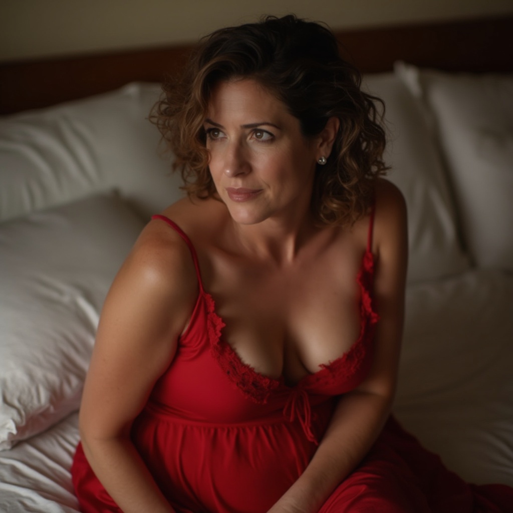 AI generated image by FLUX-Realism-Lora: Mature slim American woman in her 45s wearing a red nightgown with a deep neckline over her large breasts. sitting on the bed. Must be viewed from the knee up.