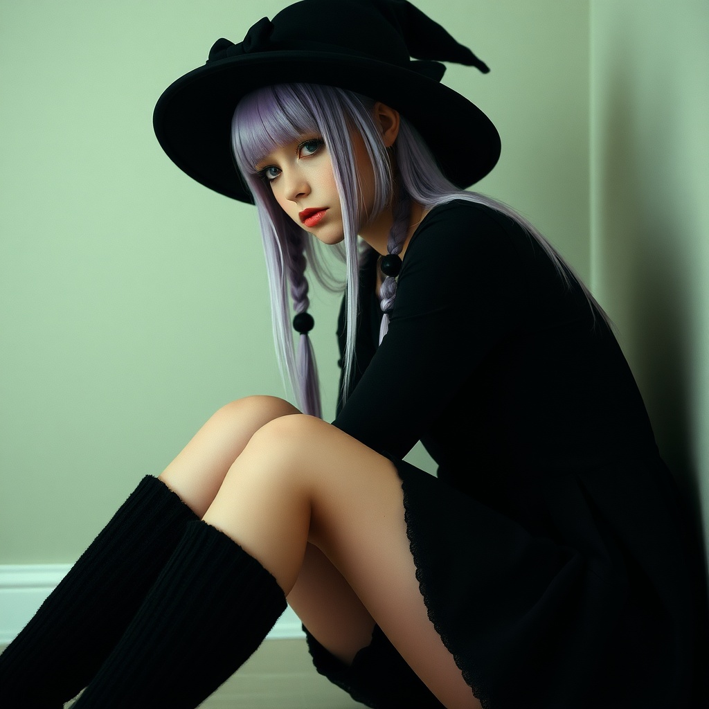 AI generated image by FLUX.1-schnell: Girls goth, hat and long socks, sitting, pov