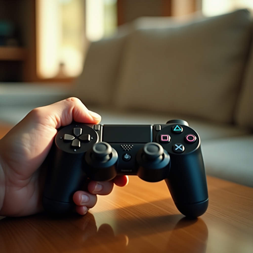 AI generated image by FLUX.1: "A tightly framed cinematic shot of an 18-year-old boy’s hand (youthful but slightly calloused, clean short nails, light golden skin tone) reaching in from the left side of the frame to pick up a standard black PS3 DualShock controller resting on a wooden coffee table. The controller appears in pristine condition—matte finish with glossy buttons, no visible wear—reflecting subtle warm morning light on its curves.

The background dissolves into an ultra-soft bokeh (ƒ/1.2), retaining just enough detail to imply a lived-in living room: a smudged streak of a cream-colored sofa, the faint glow of a sunlit window, and indistinguishable shapes of shelves or wall art. The warm morning sunlight (leaning golden-orange) bleedslightly into the cool shadows of the room, creating a soft teal-and-amber color contrast.

Key Details:
Foreground (Razor-Sharp Focus):

Hand: Relaxed but purposeful grip, fingers slightly curled, veins subtly visible.

Controller: Centered on the table, aligned diagonally for dynamic composition.

Table Surface: Smooth walnut wood, faint grain texture barely visible under shallow depth of field.

Background (Extra Blur, but Recognizable):

Living Room Hints: A sofa’s blurred armrest, a distant TV screen’s glow, a vague plant silhouette.

Lighting: Warm morning sun (left side) vs. cool ambient shadows (right side).

Atmosphere: A single dust mote floating in a sunbeam for added realism.

Cinematic Style:

Camera: 85mm portrait lens (medium compression).

Aperture: ƒ/1.2 (extremely shallow DoF).

Color Grading:

Warm highlights (sunlight on skin & controller).

Cool shadows (soft teal undertones in blurred BG).