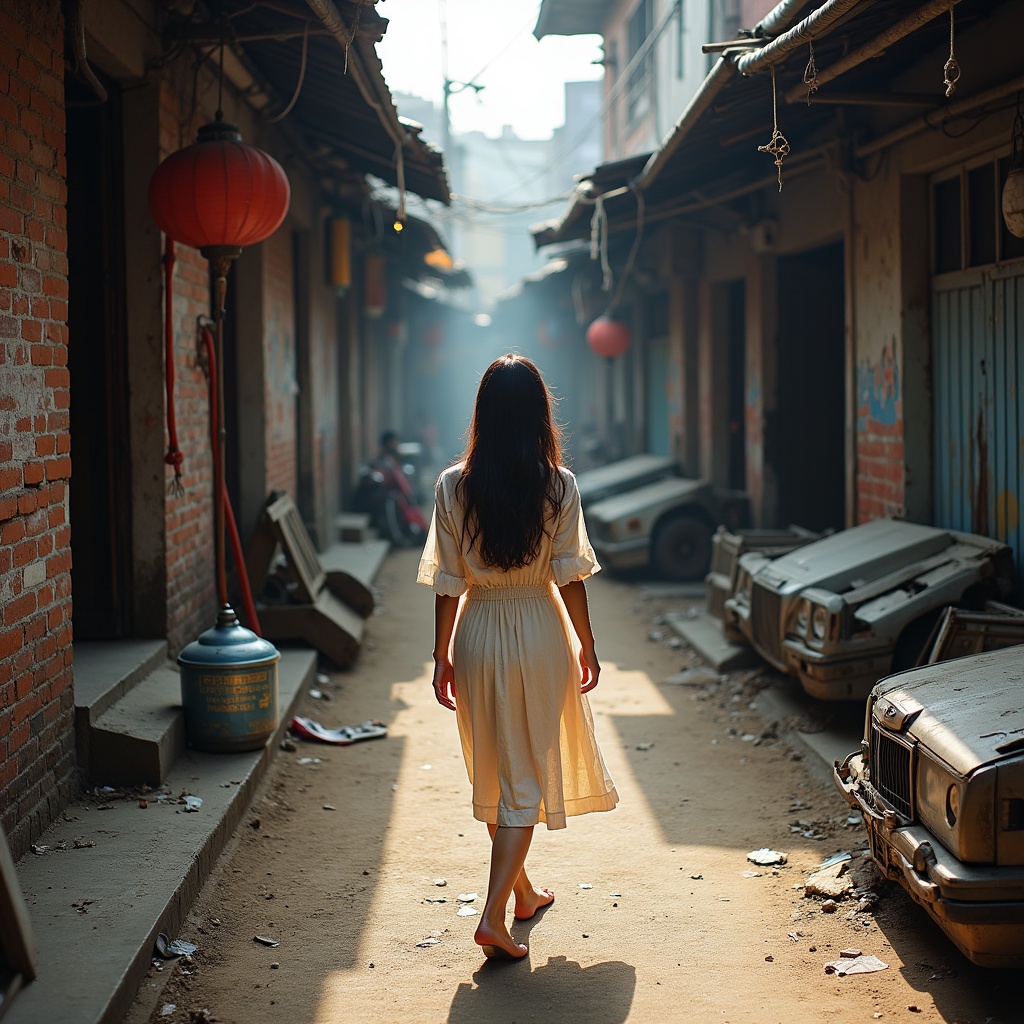 AI generated image by FLUX.1: Beautiful Thai girl of Korean descent walking in the alley Among the places selling old parts And there are old car wrecks. wall park Decayed brick construction In the Thai-Chinese community area