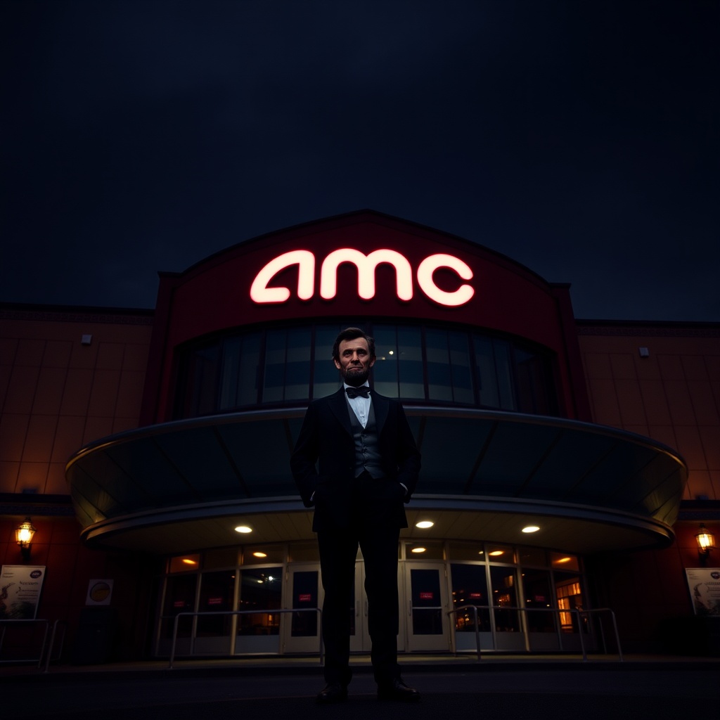 AI generated image by FLUX.1-schnell: Create an image of Abraham Lincoln standing in front of AMC Theatres 