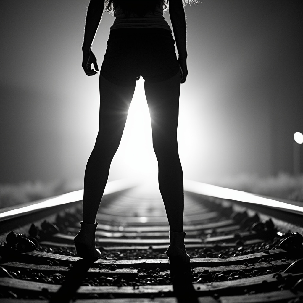 AI generated image by FLUX.1-image-to-image: A black-and-white central compositioned closeup photo at night. The silhouette of wide-spreaded a woman's legs stands with her back to the camera on railroad tracks, facing the background. A spotlight from the background shines between her legs. dramatic backlit lighting.
