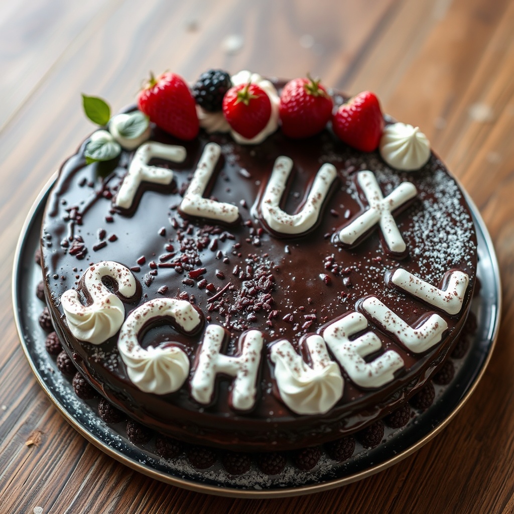 AI generated image by FLUX.1-schnell: black forest gateau cake spelling out the words "FLUX SCHNELL", tasty, food photography, dynamic shot