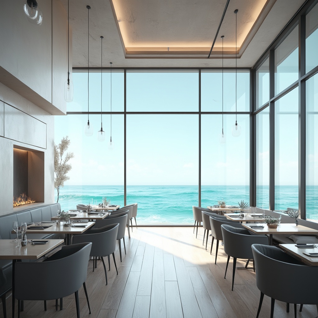 AI generated image by FLUX-Realism-Lora: A realistic photo of a front-facing-sea modern seaside cafe in a sleek silver-grey style. The interior features a soaring, double-height ceiling and seamless floor-to-ceiling glass walls without window frames, offering unobstructed, panoramic front views of the ocean. The design emphasizes clean lines and simplicity, with polished wood floors and stylish furnishings. The bright natural light floods the space, reflecting off the tranquil turquoise water, creating a serene and sophisticated atmosphere.