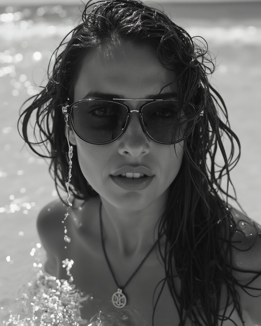 AI generated image by FLUX-Realism-Lora: black and white close-up photo of a very wet face of a beautiful woman in sunglasses coming out of the water towards the camera. water dripping off her glasses and face. Water level at her jaw