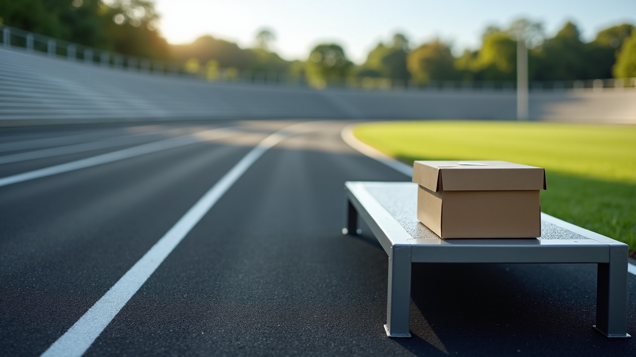 AI generated image by FLUX.1-pro: A realistic photograph of a small box sitting on an angled metal bench with a running track in the background. The bench with the box should take up the lower right corner of the composition, and sit off to the side of the track, while the track and scenery takes up the upper left two thirds of the composition. The track itself should take up as much of the background as possible while still looking realistic in perspective. The running track is made of black rubber turf with white stripes, and the curved part of the track is what is visible to the camera. The photo should include sky and trees off in the far distance with lens blur, while the box and the bench should be in full focus. 