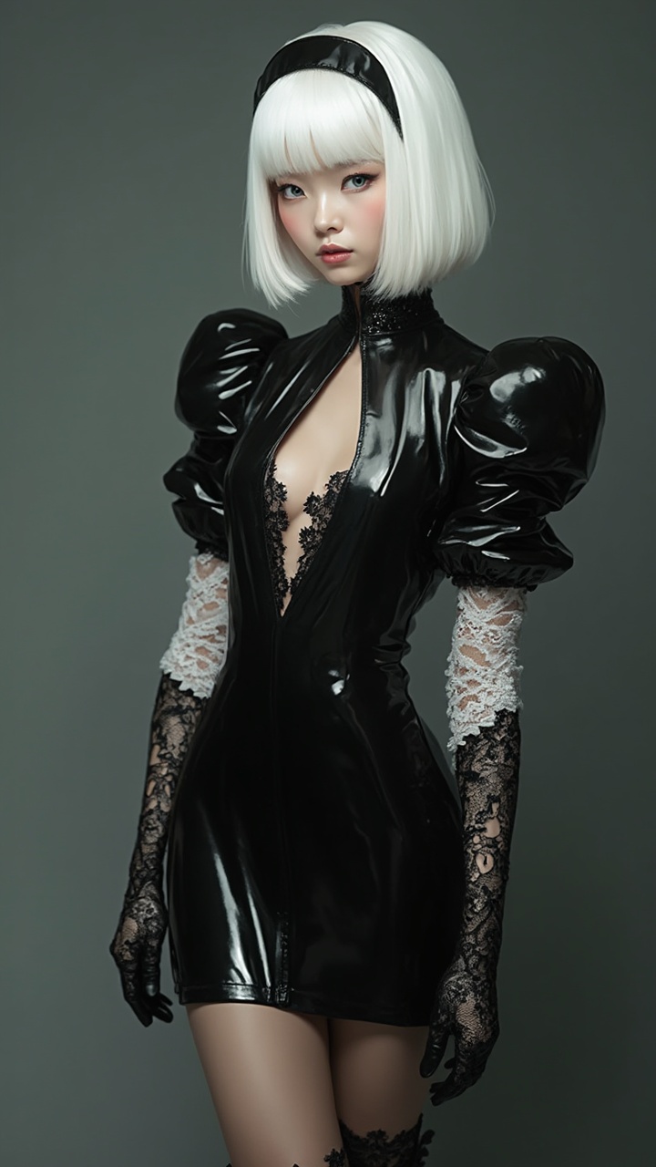 AI generated image by FLUX-Realism-Lora: Petit Asian woman, 26 years old, white hair styled in a Bob cut, small black latex dress down to the mid thigh with long sleeves and poofy shoulders and a boob window, black headband directly centered on her head, white lace gloves over the dress sleeves that extend to the forearm, black lace gloves that cover only to the wrist over the white ones, just above the knee high black tights, knee high high-heel boots, blue eyes, graceful pose