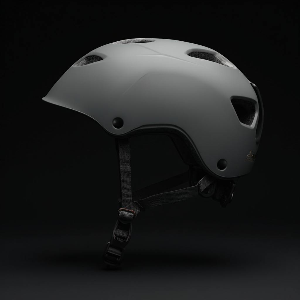 AI generated image by FLUX-Realism-Lora: An airy mountain bike helmet (Focus on Ventilation): Matte grey mountain bicycle helmet with triangle, rectangular...creative ventilation openings, no bevel  * (Focus on Finish): Matte grey mountain bicycle helmet, soft-touch finish, creative luxury sleek design, strong edges  * (Focus on Style): Urban cycling helmet, minimalist design, matte grey, dark background.  * ventilation openings and creative harmony degsign.  * "Sleek strong design, organic edges" "aerodynamic shape," "modern and minimalist": Captures the overall aesthetic.," "studio lighting  * "Hyperrealistic rendering," "photorealistic image": ultra luxury, preminum, high-quality, realistic output.  * "No chin bar/open-face