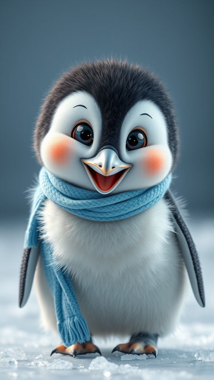 AI generated image by FLUX.1-schnell: A cute baby penguin with a wide smile, big sparkling eyes, fluffy feathers, and a slightly tilted head, wearing a soft blue scarf, standing on ice, 4k, high detail, studio lighting"

