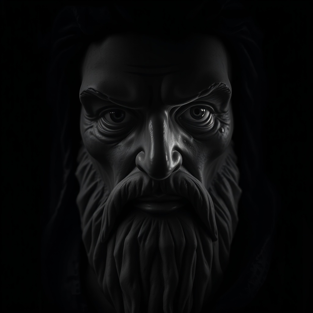 AI generated image by FLUX.1-schnell:  which are visible in the folds of the face and along the sculptural details of the sculpture.

The overall mood of the picture is mystical and timeless, as if the man – a symbol of wisdom and power – has emerged from eternity to deliver a message. The simple black and white tones give the image an additional heaviness and symbolism, while the liquid light from the eyes gives the image a surreal, almost unearthly quality.

