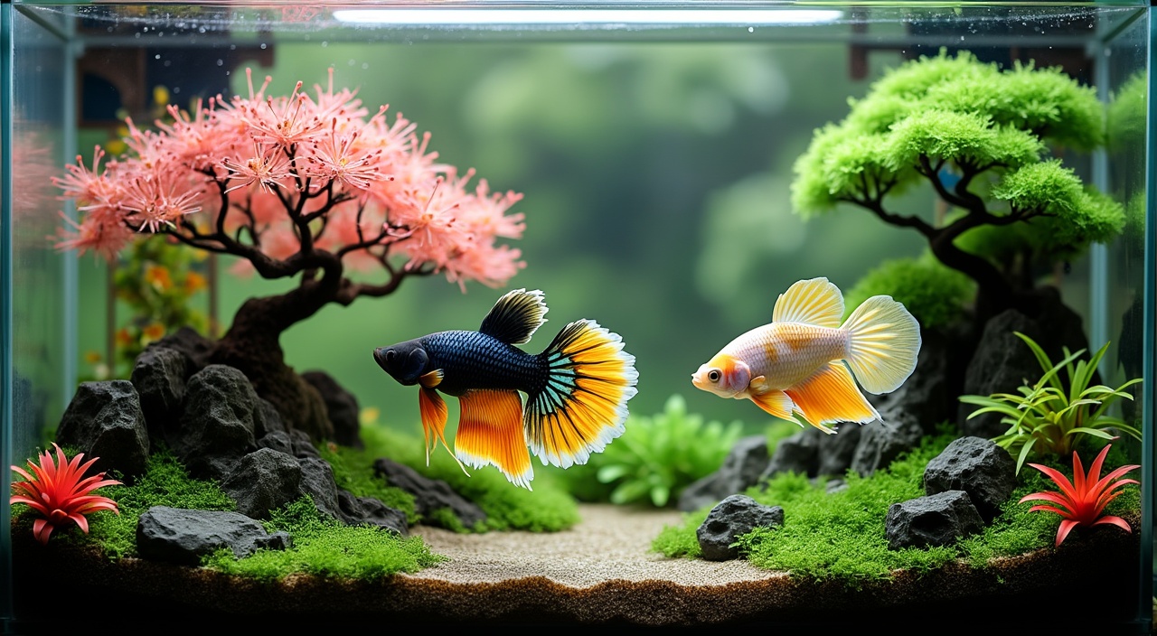 AI generated image by FLUX.1-pro: Aquarium landscape with two betta fish, detailed arrangement.  Clear glass aquarium filled with meticulously landscaped  terrarium-style environment.  Two betta fish, one with predominantly black body and vibrant yellow fins, the other with a pale, pastel orange-yellow and white body and fins, gracefully swimming amidst the scene.  Detailed  mini bonsai trees and decorative rocks, creating miniature mountain scenes.  Vibrant pink cherry blossom bonsai tree, a centerpiece, sits on the left.  Dense foliage of  lush green trees and various textures of plants, including bright red bromeliads, creating a dynamic composition.  Soft natural lighting illuminates the scene.  Natural-looking  aquarium substrate and dark-brown tree roots.  Precise perspective, showcasing the detailed design.  Focus on the intricacy of the betta fish's fins and the vibrant color palettes.  Overall mood is serene, peaceful, and artistic, with a tranquil, calm feeling, showcasing a delicate balance of colors and textures.  Japanese-style decorative elements.  Nature-inspired artistic style.  High-quality photographic realism.