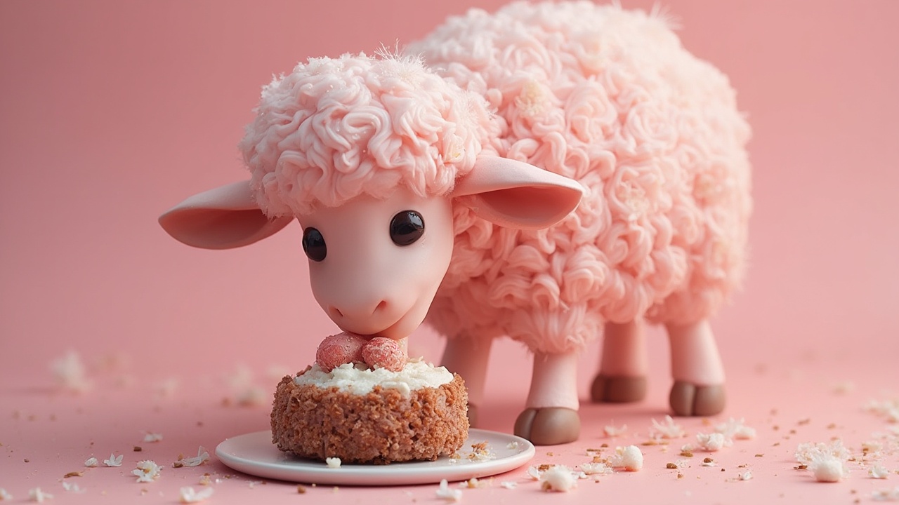 AI generated image by FLUX-Realism-Lora: A pink sheep eating a cake
