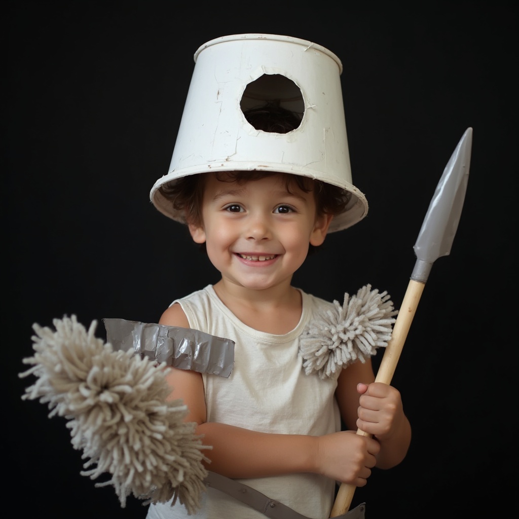 AI generated image by FLUX-Realism-Lora: A 5-year old kid with the bucket over his head. The bucket is new as if it was just bought in a DIY store, and it has a hole for a kid's face. New shiny paint rollers are mounted with the tape to the bucket as a decoration. A water pipe cut in half is put over each kid's shoulder to emulate the armor. A fluffy mop in a kid's hands resembles a spear. The overall outfit looks cute and funny. The kid is glowing with happiness. The background behind the kid is solid dark, almost black. Photo should not contain any iron or steel parts.