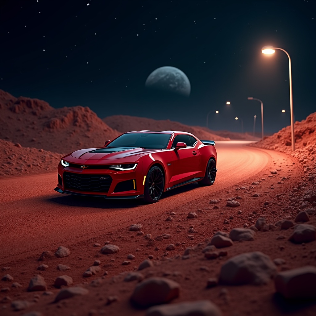 AI generated image by FLUX.1: A crimson red Camaro zooms down the serpentine lunar highways, its sleek curves reflected in the moon's rusty red soil beneath. Behind it, the curved horizon of the Earth glows with a soft blue hue, as if painted by the rising stars in the velvety blackness of space. Streetlights flicker to life, casting a warm orange glow on the desolate, powdery moon surface. The scene is bathed in the deep, inky darkness of night, with the slight purple of the Earth's atmosphere muted in the distance. Render this cinematic scene in ultra-high definition, with painstaking attention to every texture, every shred of detail, every nuanced play of light and shadow.

G