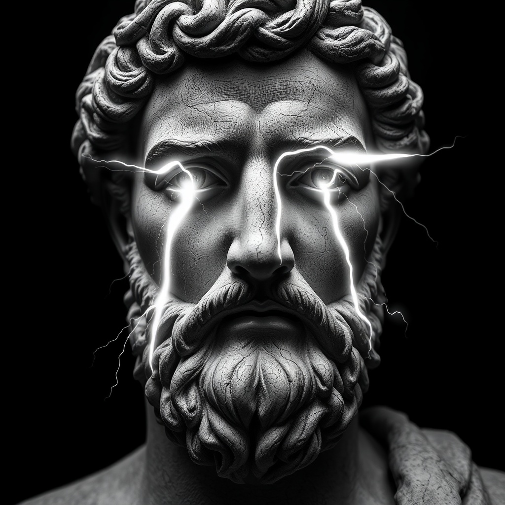 AI generated image by FLUX.1-schnell: The image portrays a striking depiction of a historical stone-carved bust of a man, reminiscent of classical representations such as Marcus Aurelius. The figure is rendered entirely in monochromatic black and white tones, emphasizing the texture of the chiseled stone with its fine cracks, weathered grooves, and intricate details.

The man’s facial features exude an aura of dignity and contemplation: a pronounced chin, voluminous, curly hair, and a dense, meticulously carved beard. However, the most captivating feature is his eyes. Instead of lifeless stone, they emit a dazzling, otherworldly white light.

This light appears to flow like liquid, slowly spilling from the eyes and tracing delicate, almost organic paths down the statue’s face. These glowing streams seem to leave faint trails, as if the light itself is transforming or "animating" the stone. The radiant lines stand in sharp contrast to the deep shadows carved into the crevices and folds of the face, accentuating the sculpture’s dramatic contours.

The overall atmosphere of the image is mystical and timeless, as if the man—symbolizing wisdom and power—has emerged from eternity to convey a profound message. The stark black-and-white palette adds a sense of gravity and symbolism, while the flowing light from the eyes imbues the image with a surreal, almost divine quality.
