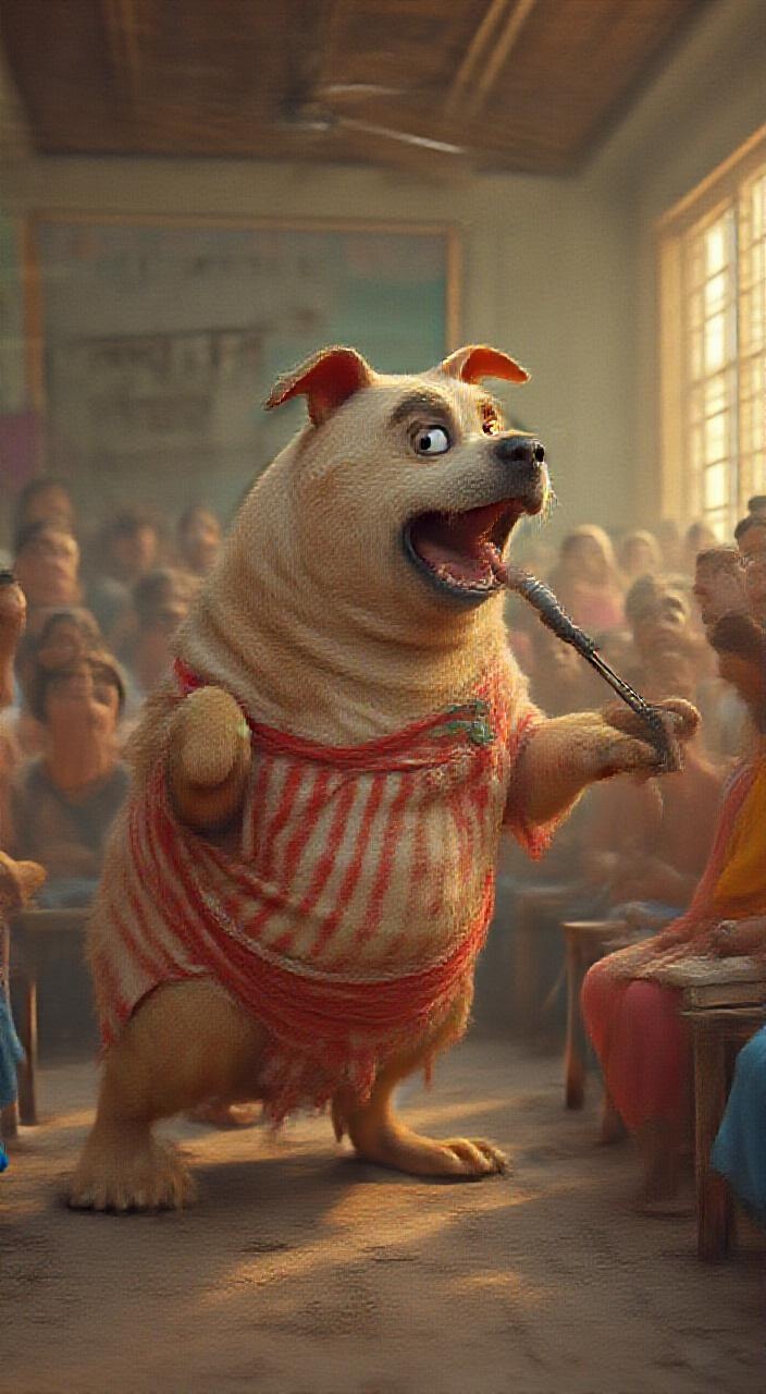 AI generated image by FLUX.1-pro: 🖼️ Image Prompt:

Style: Highly Detailed, Hyper-Realistic, Full HD, Colorful 3D Render

Character Attributes:

Main Character (Dog):

Species: Desi Indian dog (light brown with white patches)

Age: 5 years

Height: 3.5 feet on hind legs

Build: Very fat, with a big round stomach bulging outward

Clothing: Red and white striped torn chaddi with an old political party logo printed

Expression: Aggressive, eyes wide open, ears standing, teeth gritting slightly as he grabs the mic


Supporting Characters (Villagers):

Mixed age: 20–60, shocked expressions

Clothing: Kurta-pajamas, sarees, some with gamchas, all brightly colored



Environment:

Location: Village Panchayat Hall

Background Elements:

Wooden benches, dusty tiled floor, hanging ceiling fan spinning slowly

Banner on wall says “ग्राम सभा - स्वच्छ भारत मिशन” in faded paint

One plastic water jug placed on the side

Dust particles floating in sunlight beams from window slats



Lighting & Camera Angle:

Lighting: Afternoon sunlight coming from right window, casting warm yellow glow on floor

Camera Angle: Slight low angle from behind crowd, focusing on the dog lunging towards mic from a wooden chair

Focus Depth: Shallow focus — dog and mic sharply focused, crowd slightly blurred
