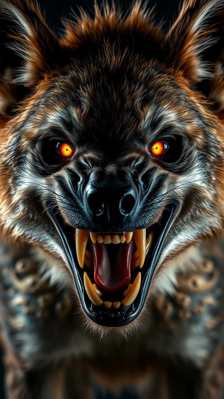 AI generated image by FLUX.1-schnell: A hyper-realistic cinematic image of a wild hyena, sharp teeth bared in a wicked grin, scruffy fur bristling, glowing eyes filled with primal aggression.
