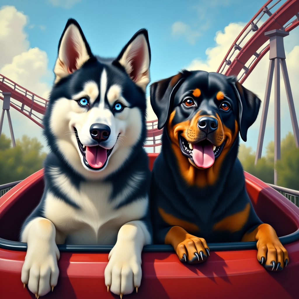 AI generated image by FLUX.1-pro: An oil painting of a blue eyed, Siberian husky and a brown eyed rottweiler on a rollercoaster. they are smiling but the rottweiler is a little bit afraid or nervous. 