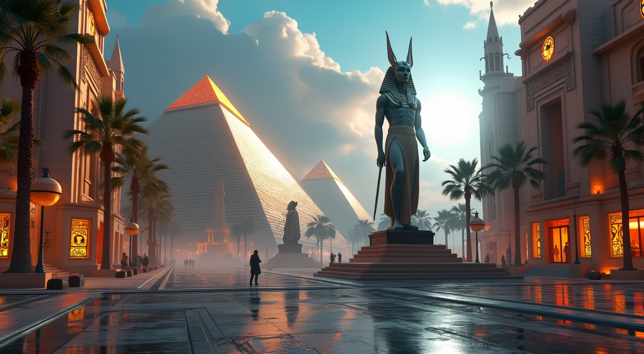 AI generated image by FLUX.1-pro: Envision a sci-fi 3D, hyper-realistic city center, where Egypt is reimagined on another planet. This futuristic scene, reminiscent of Times Square, showcases a statue of osiris, pyramids, and Egyptian architecture, along with glowing panels decorated with hieroglyphs, all set in a world devoid of cars, presented in a cinematic render. The view is a high-quality, close-up zoom.