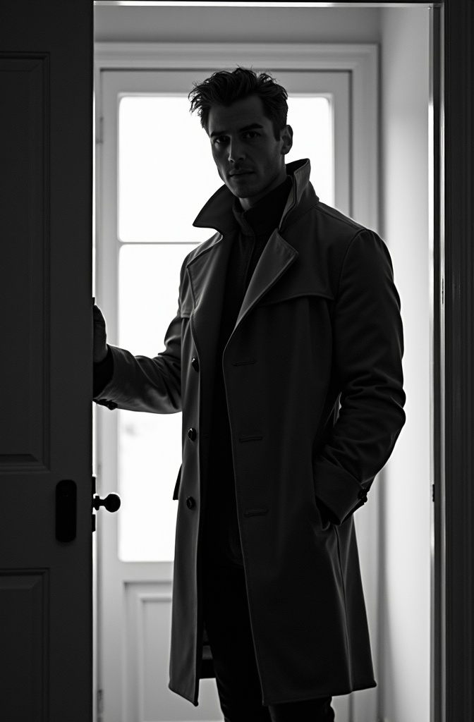 AI generated image by FLUX.1-image-to-image: black-and-white photo with the backlit dark silhouette of a handsome broad-shouldered man in a trench coat standing in a doorway coming and looking to camera. 
The man holding the door handle, as if he just entered the room.

