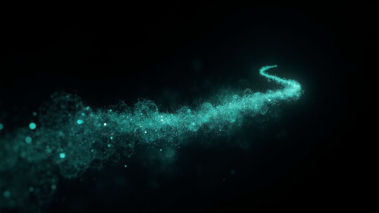 AI generated image by FLUX-Realism-Lora: a trail made from thousands of turquoise, complex math. it starts on the right side of the picture from a point and then grows larger and fades out towards the left side of the image. It floats in mid air. on a black background. like a png with black only background. it looks modern, realistic, sci-fy