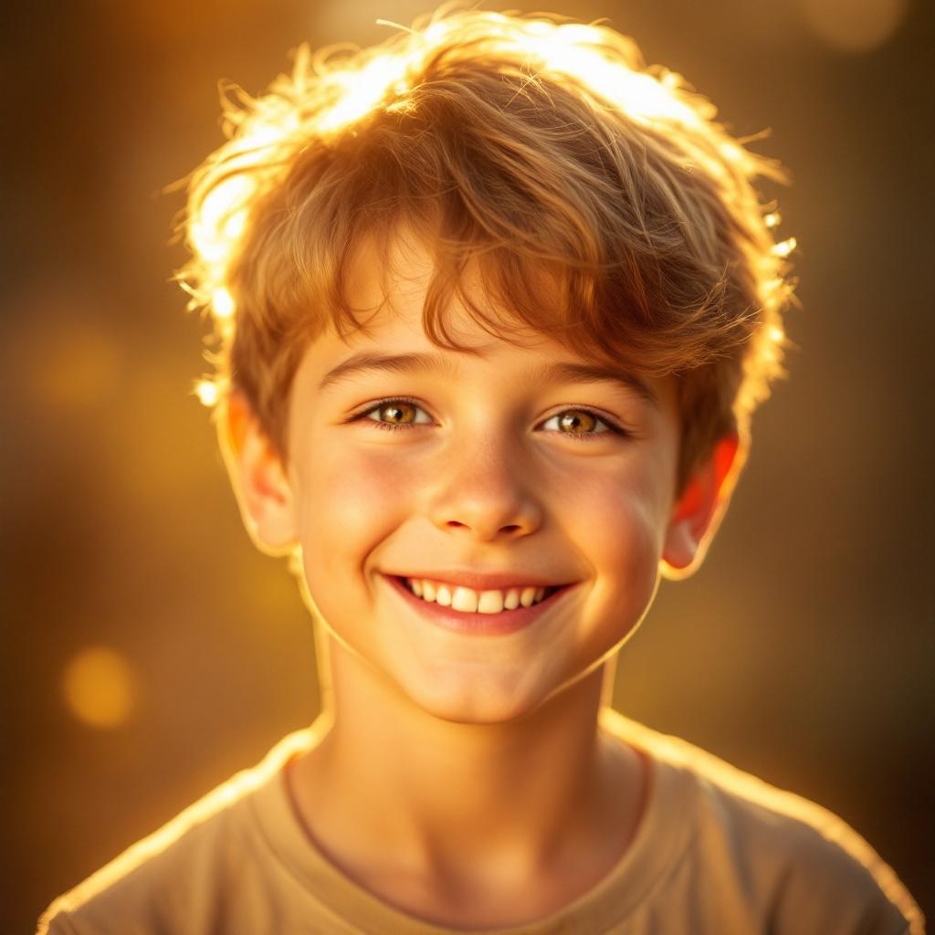 AI generated image by FLUX.1-pro: Create a high-quality portrait of a 10-year-old boy with bright eyes, a warm and inviting smile, and a confident, playful expression. He should appear charming, radiant, attractive, hot, handsome, good-looking, naturally photogenic, and effortlessly likable in a wholesome, upbeat way. Use very strong golden backlighting positioned directly behind and slightly above his head to create an intense, charming, luminous halo effect, with pronounced rim lighting outlining his hair and shoulders. Add soft light bloom, glowing highlights, and a subtle sun flare to enhance the radiance and charisma, making his hair appear gently illuminated and slightly translucent at the edges. Maintain even front fill lighting to keep facial features clear and flattering, with smooth, glowing skin tones. Use cinematic shallow depth of field, creamy background blur, and warm, golden color grading to create a vivid, radiant, attractive, charismatic, almost ethereal portrait that feels bright, uplifting, inviting, and visually striking.

