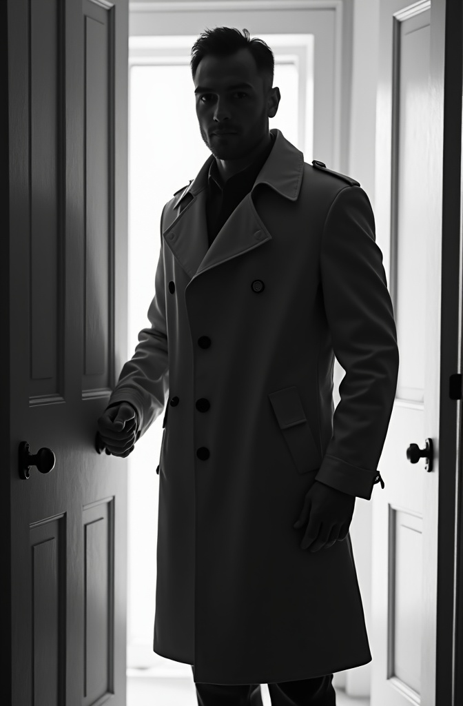 AI generated image by FLUX.1-image-to-image: black-and-white photo with the broad-shouldered silhouette of a man in a trench coat standing in a doorway coming and looking to camera. 
The man holding the door handle, as if he just entered the room.

