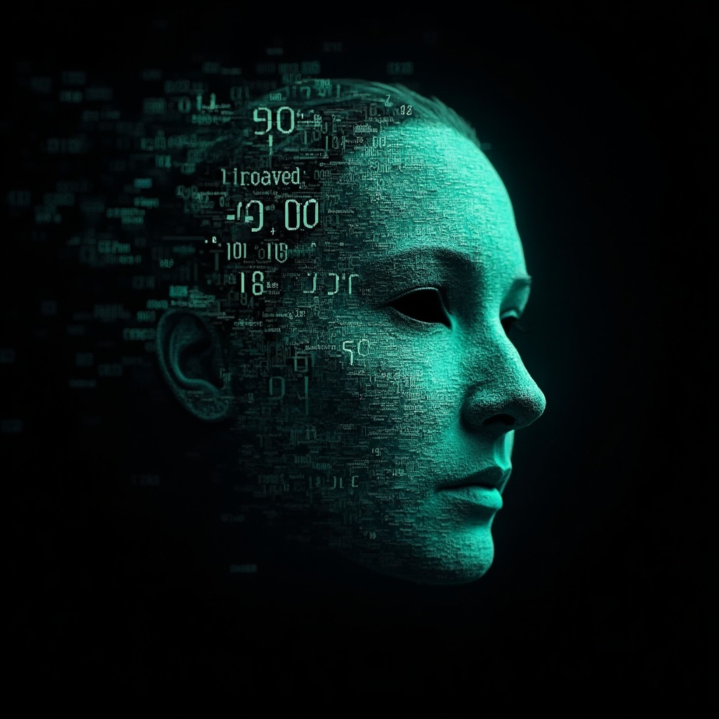 AI generated image by FLUX-Realism-Lora: Ada Lovelace's face as a digital mask made from thousands of turquoise numbers and formulas forming his face. the formulas and numbers fly behind the mask leaving a trail of complexity. the mask is floating dynamically in mid air. his head is turned to the right but his eyes are looking directly into the camera. the mask is on a black background.  like a png with black only background. photo realistic, sci-fy