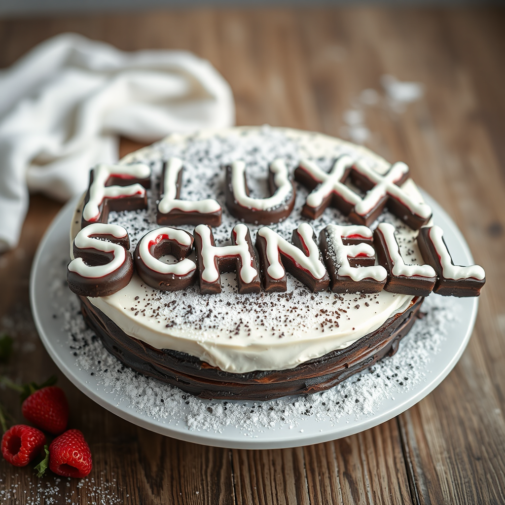 AI generated image by FLUX.1-schnell: black forest gateau cake spelling out the words "FLUX SCHNELL", tasty, food photography, dynamic shot