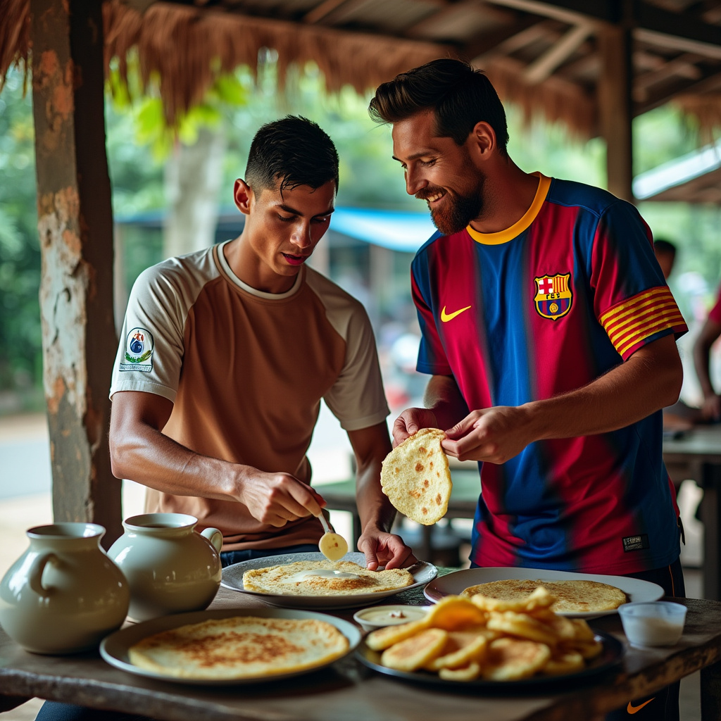 AI generated image by FLUX.1-pro: Cristiano Ronaldo and Leonel Messi making porotta in a kerala roadside tea shop