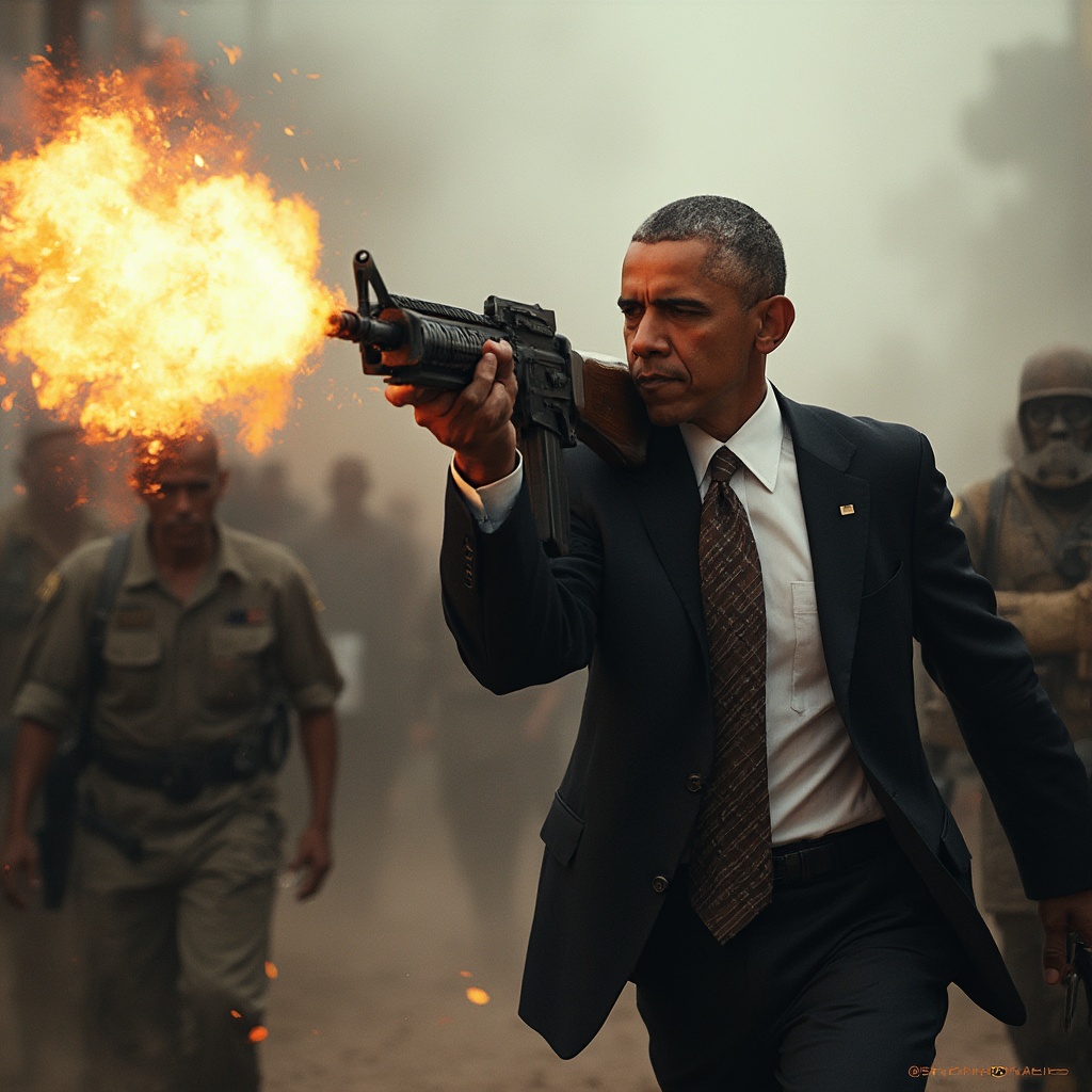 AI generated image by FLUX-Realism-Lora: Barak Obama con armas. armado Barak Obama tirando balas a gente pobre. Gente asustada corriendo. gente gritando de miedo. 