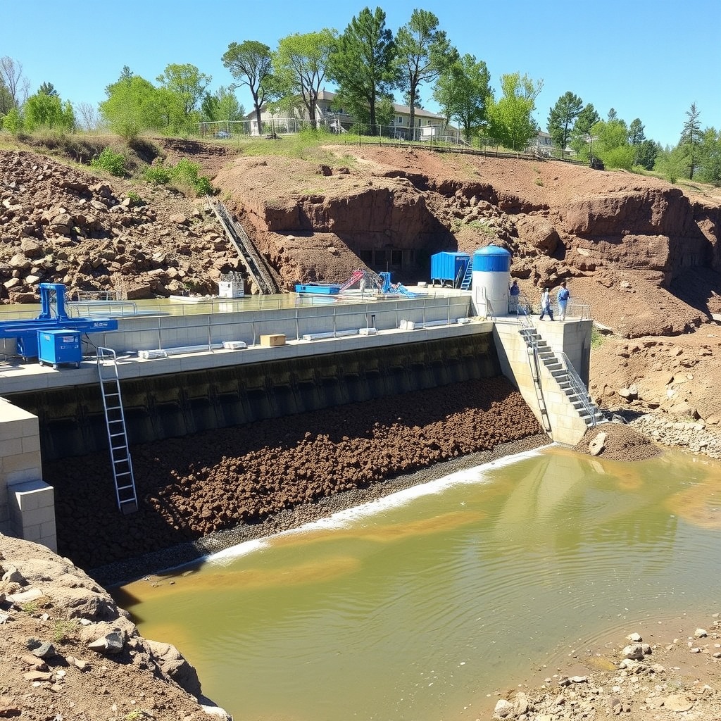 AI generated image by FLUX.1-schnell: earthfilling dam with blue equipments