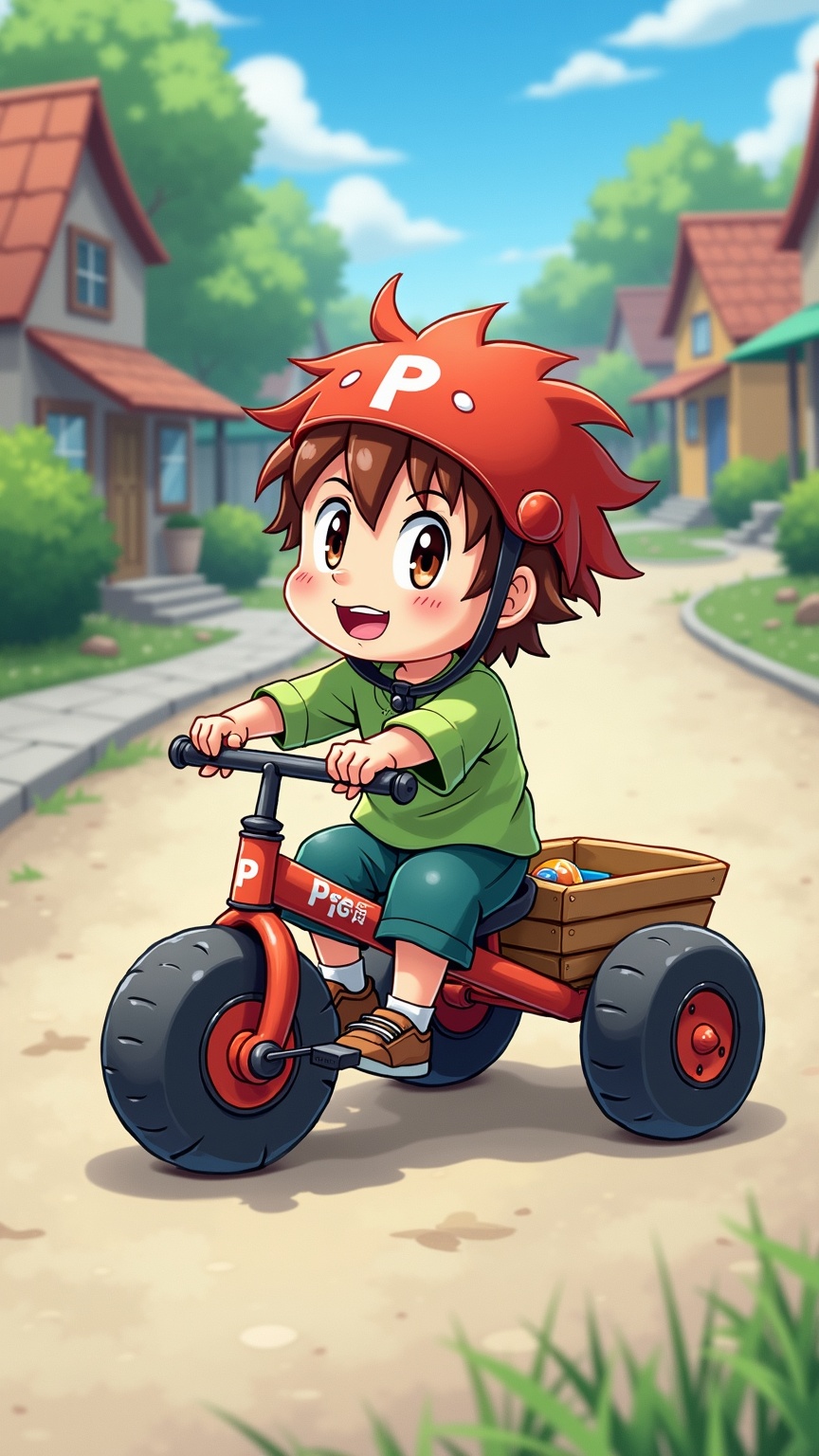 AI generated image by FLUX.1-image-to-image: A charming drawing of Pepe, a young boy with spiky hair and a cheerful smile, sitting on a colorful tricycle. He wears a red helmet with a white 'P' emblem, and the tricycle has a small basket in the back. The background is a lively and sunny neighborhood with houses and trees, adding to the atmosphere of playfulness and adventure., anime, photo