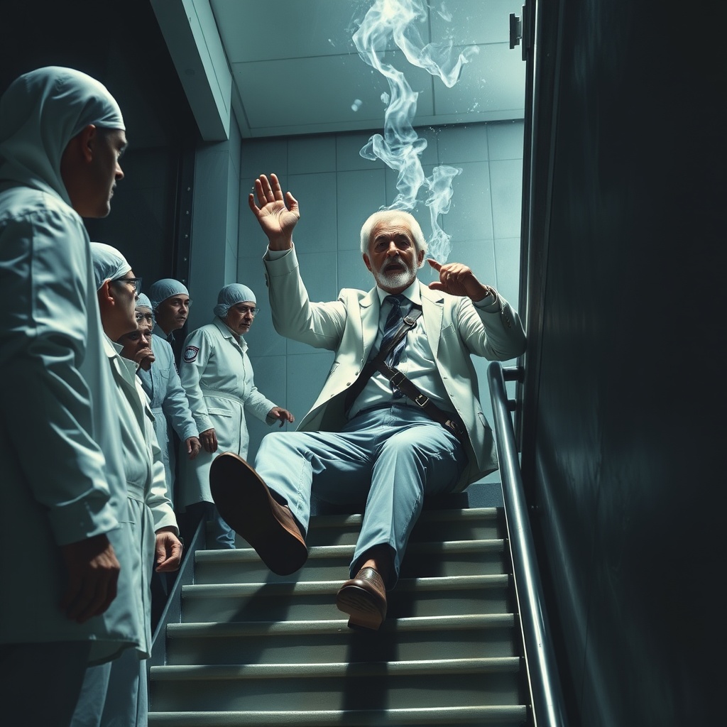AI generated image by FLUX.1-schnell: Gordan Freeman Falls down flight of stairs while scientists watch in horror