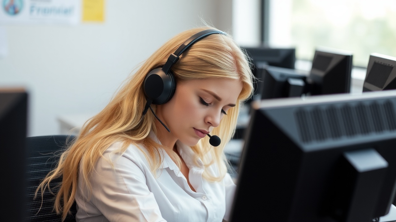 AI generated image by FLUX.1-schnell: sleeping blonde call center agent wearing a headset with 5 phones ringing on her desk
