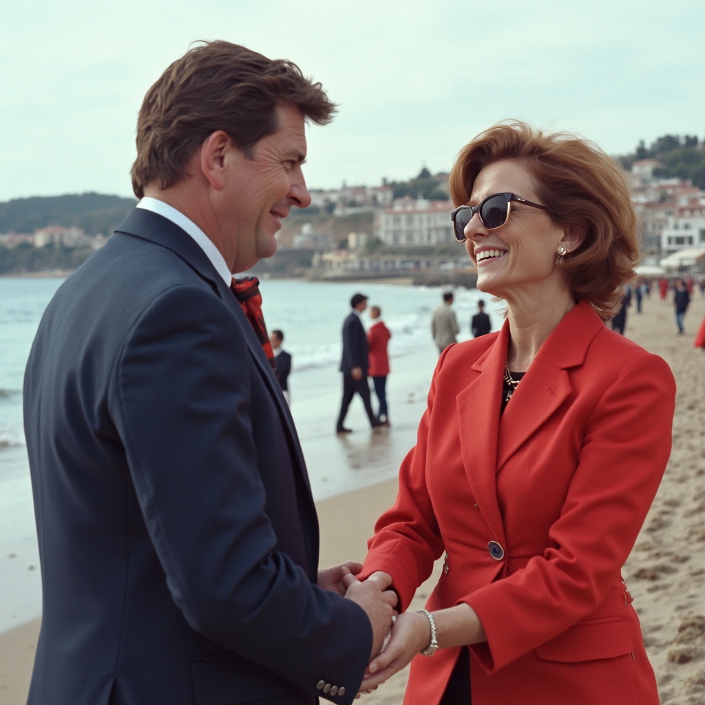 AI generated image by FLUX-Realism-Lora: Genera a Javier Milei (presidente de argentina) y a Cristina Fernandez de Kirchner (ex presidenta de argentina) agarrandose las manos en la playa