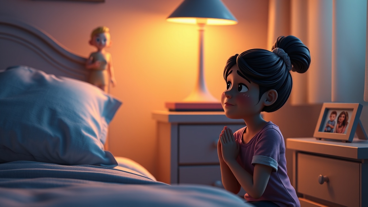 AI generated image by FLUX.1-schnell: A Hispanic mother kneeling beside her bed at night, hands clasped in prayer, soft tears on her face, warm light, photo of her children on a nightstand, Pixar 3D style, peaceful atmosphere.