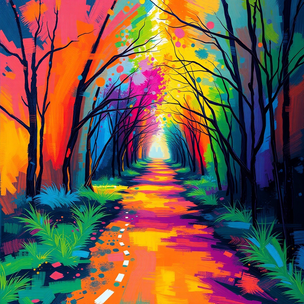 AI generated image by FLUX.1-schnell: create an abstract painting of a path and make it look vibrant and colorful. Make the whole scene look majestic with different colors  flowing across the screen. Make the whole scene look random and very abstract, to the point where the path is only hinted at but not clearly visible
