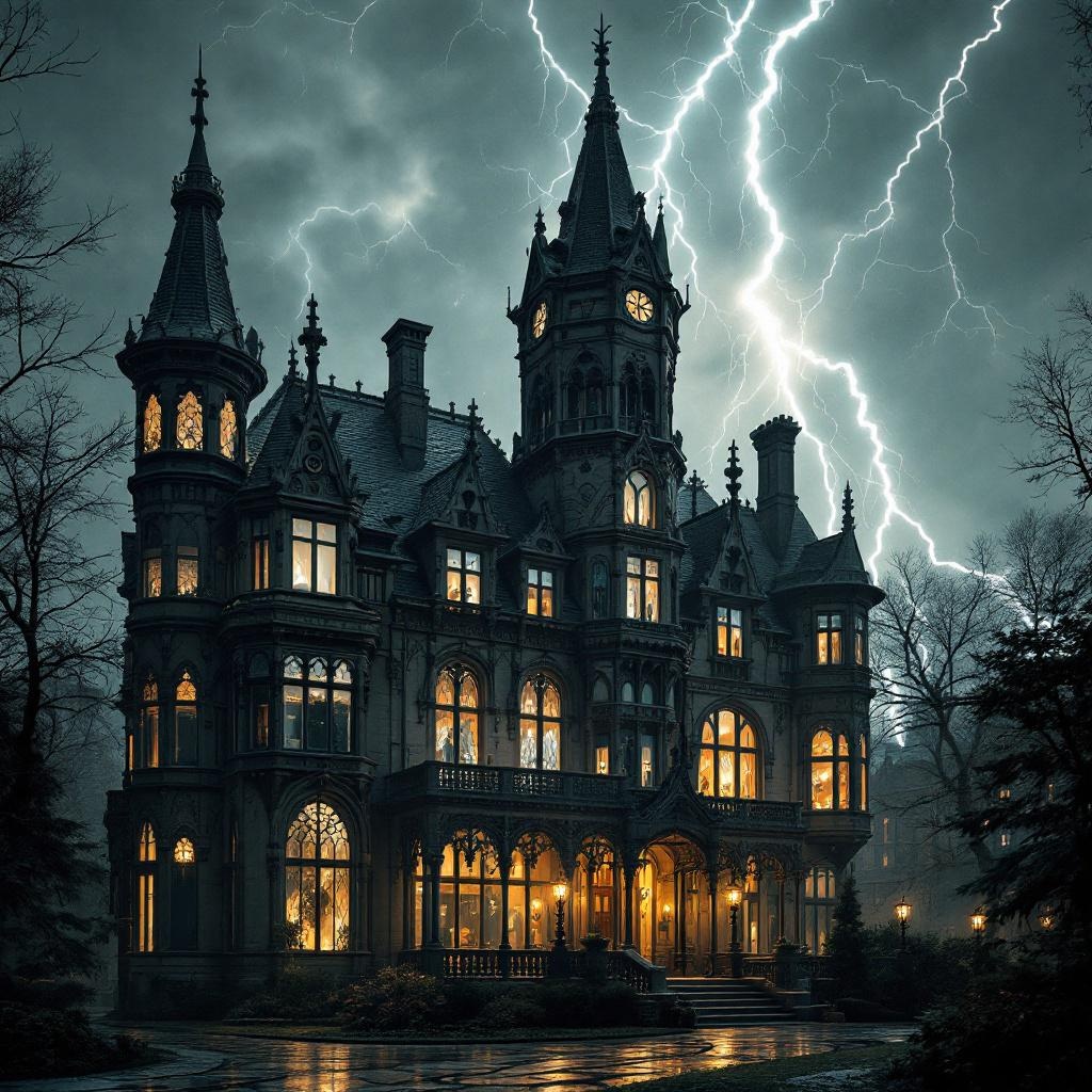 AI generated image by FLUX.1-pro: Gothic Victorian mansion in Montreal, 1901, lightning flash
