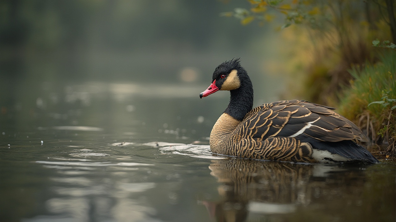 AI generated image by FLUX-Realism-Lora: Eine Ente, die den Betrachter wie durch eine Kameralinse direkt anschaut